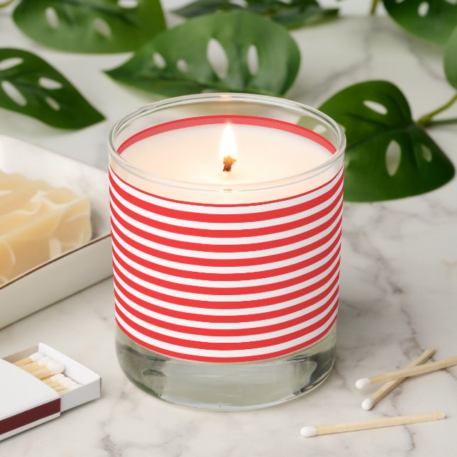 Rosy Red and White Simple Horizontal Striped Scented Candle (Lit)
