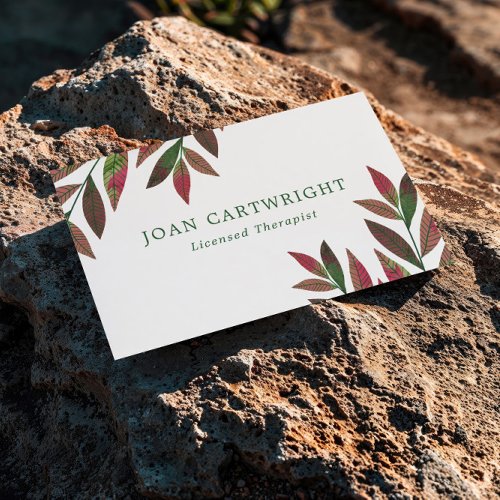 Rosy Red Green Leaves _ Therapist Business Card
