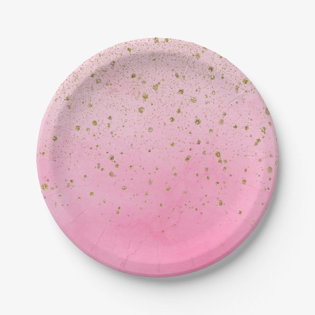 Rosy Rose Pink & Gold Glitter Bridal Shower Party Paper Plates (Front)