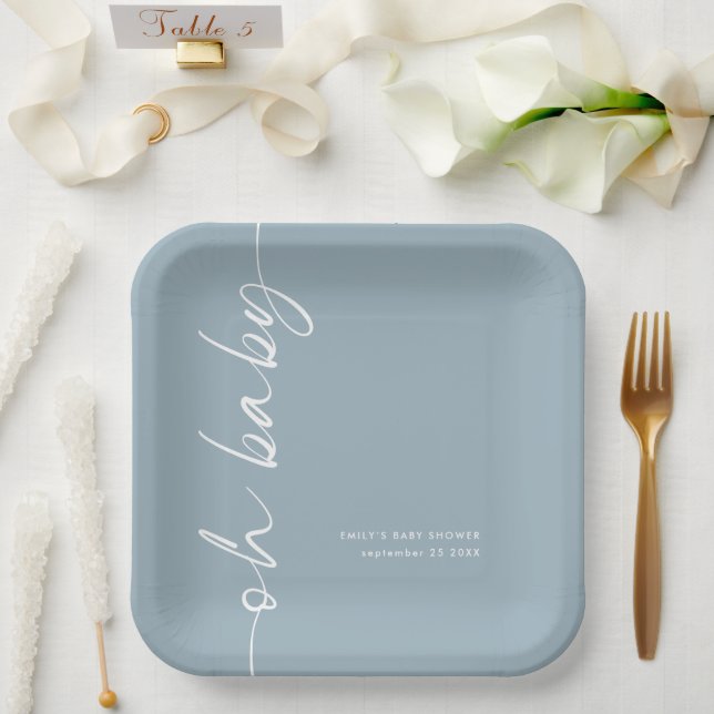Rotated Calligraphy Name Dusty Blue Oh Baby Shower Paper Plates (Wedding)
