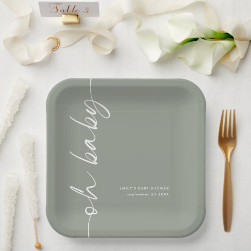 Rotated Calligraphy Name Sage Oh Baby Shower Paper Plates