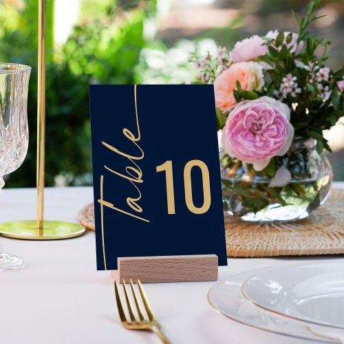 Rotated Calligraphy Navy Blue Gold Script Wedding Table Number
