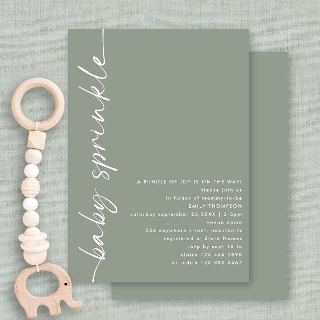 Rotated Calligraphy Sage Baby Shower Sprinkle Invitation (Front and back view available digially or printed)