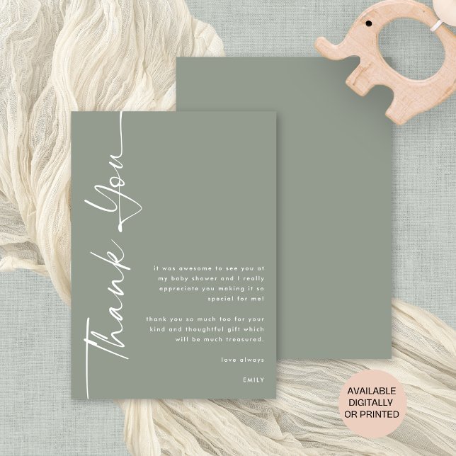 Rotated Calligraphy Sage Baby Shower Thank You Card (Front and back view. Available digitally or printed.)