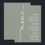 Rotated Calligraphy Sage Wedding Menu card<br><div class="desc">Rotated Calligraphy Sage Wedding Menu. Available digitally or printed. This modern design has Menu in elegant set script running up the left hand side and the rest of the text is aligned to the right which you can easily personalise. Text and background colors can be changed to any of your...</div>