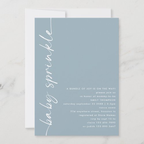 Rotated Script Dusty Blue Baby Shower Sprinkle Invitation
