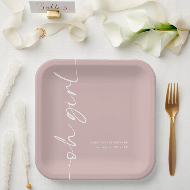 Rotated Script Name Dusty Rose Oh Girl Baby Shower Paper Plates (Wedding)