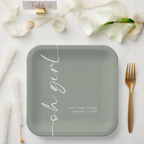 Rotated Script Name Sage Oh Girl Baby Shower Paper Plates