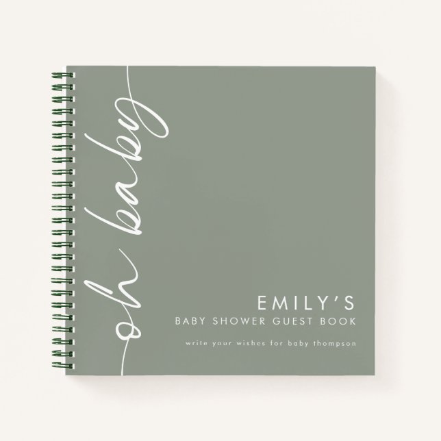 Rotated Script Sage Oh Baby Shower Guest Book (Front)