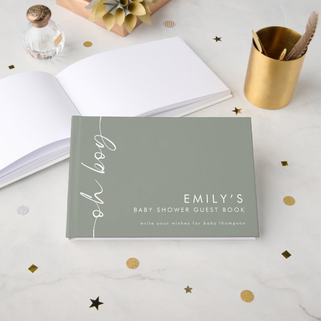 Rotated Script Sage Oh Boy Baby Shower Guest Book (Front Open)