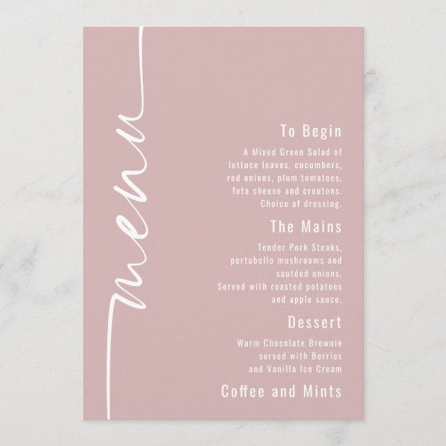 Rotated Text Dusty Rose Wedding Menu Card (Front)
