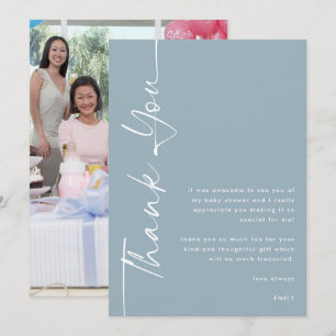 Rotated Text Photo Dusty Blue Baby Shower Thanks Card