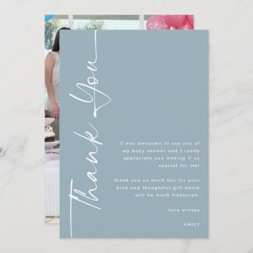 Rotated Text Photo Dusty Blue Baby Shower Thanks Card