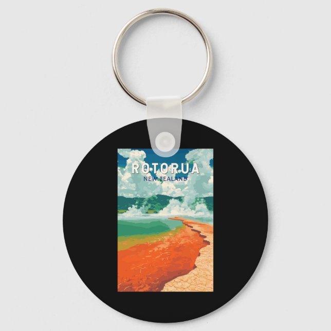 Rotorua New Zealand Illustration Travel Art Retro  Keychain (Front)