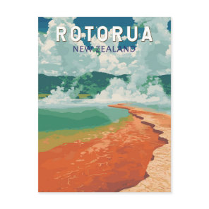 Rotorua New Zealand Illustration Travel Art Retro Postcard
