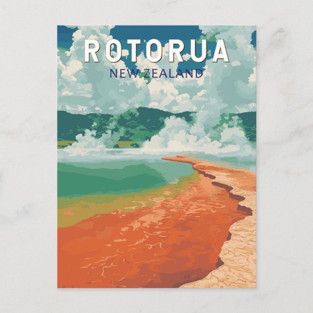Rotorua New Zealand Illustration Travel Art Retro Postcard (Front)