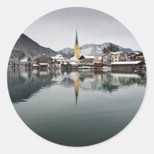 Rottach-Egern at the Tegernsee, Bavaria in winter Classic Round Sticker
