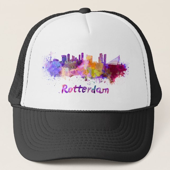 Rotterdam skyline in watercolor trucker hat (Front)