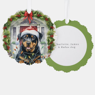 Rottie Dog in Santa Hat Front Door Christmas Ornament Card