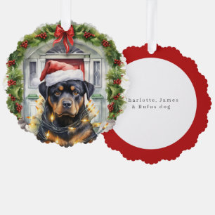 Rottie Dog in Santa Hat Front Door Christmas Ornament Card