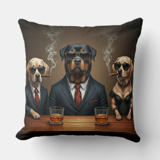 Rottie, Lab and Chihuahua Dog Meeting with Drinks Throw Pillow