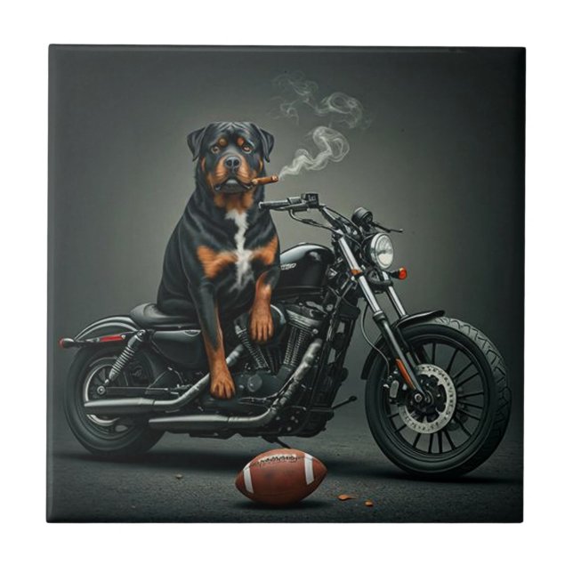 Rottie on a bike ceramic tile (Front)