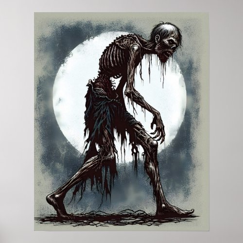 Rotting Zombie Full Moon Scary Illustration Poster