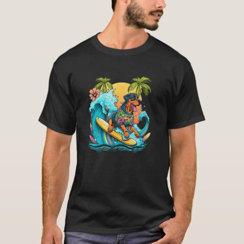 Rottweile Dogpng Surfing with Pineapple Pattern T_Shirt