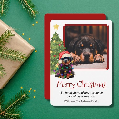 Rottweiler and Christmas Tree Pet Dog One Photo Holiday Card