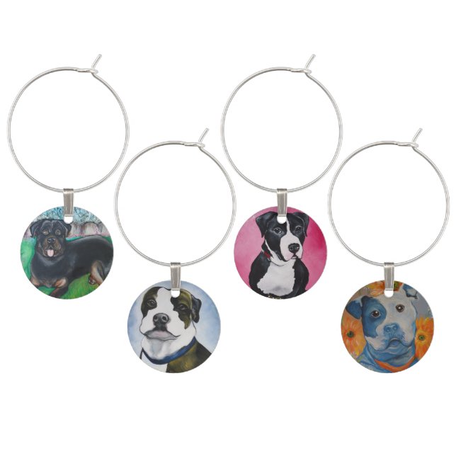 Rottweiler and Pitbull Portraits Wine Glass Charm (Staggered)