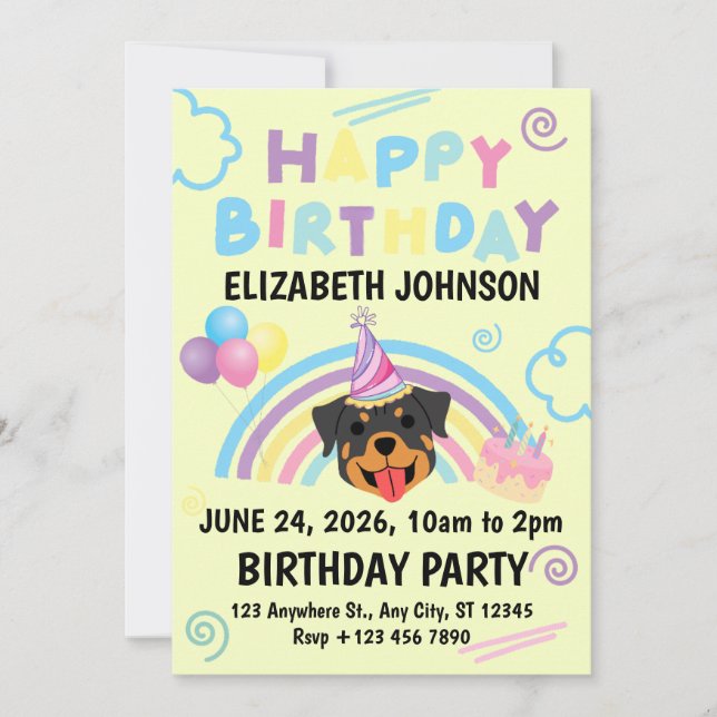 Rottweiler Birthday Invitation in Yellow (Front)