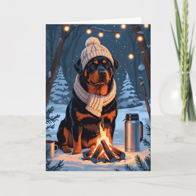 Rottweiler by Campfire Rustic Winter Holiday Art Card (Front)