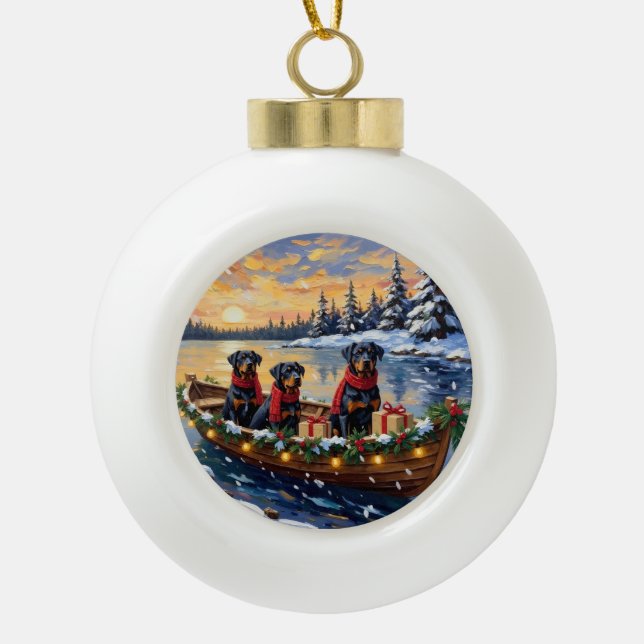 Rottweiler Christmas Boat Holiday Ceramic Ball Christmas Ornament (Front)