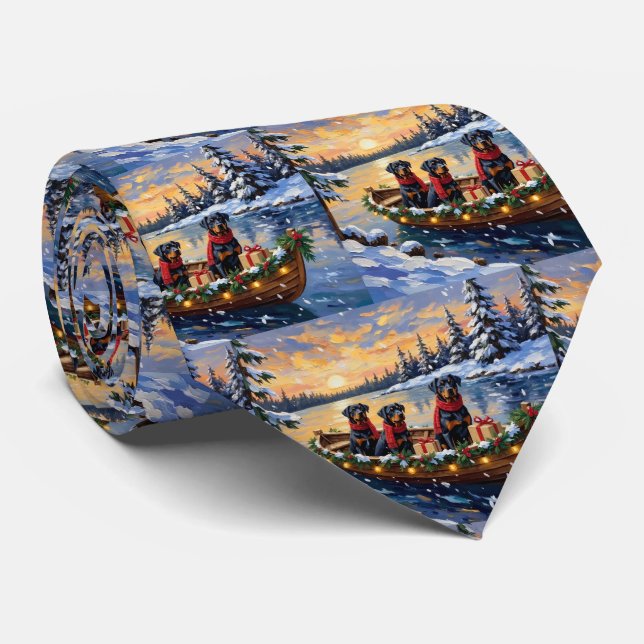 Rottweiler Christmas Boat Holiday Neck Tie (Rolled)
