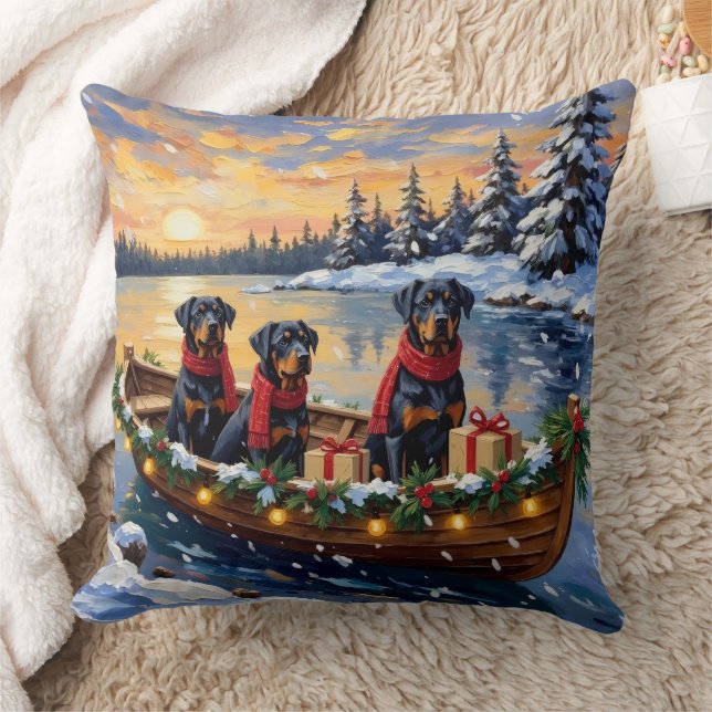 Rottweiler Christmas Boat Holiday Throw Pillow (Blanket)