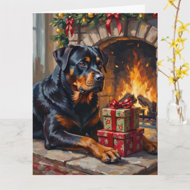 Rottweiler Christmas Fireplace Guardian Card (Yellow Flower)