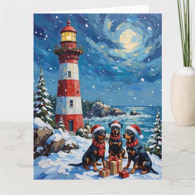 Rottweiler Christmas Lighthouse Holiday Card (Front)