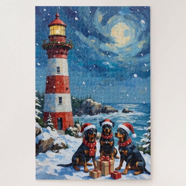 Rottweiler Christmas Lighthouse Holiday Jigsaw Puzzle (Vertical)