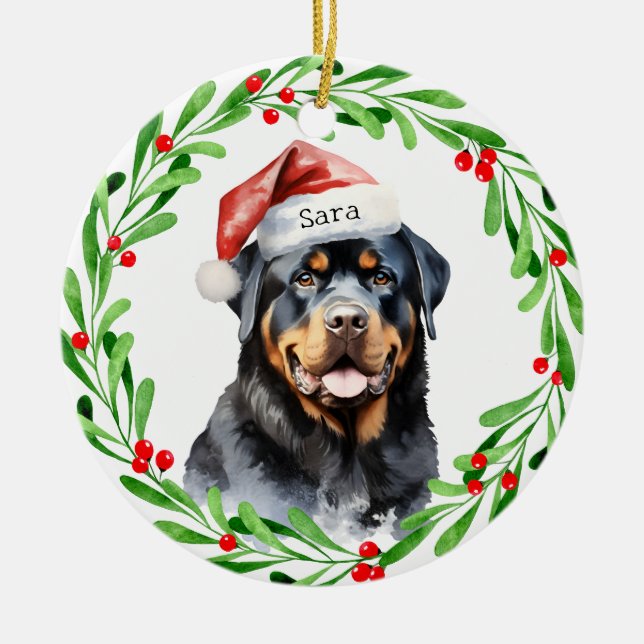 Rottweiler Christmas Personalized Monogram Name Ceramic Ornament (Front)