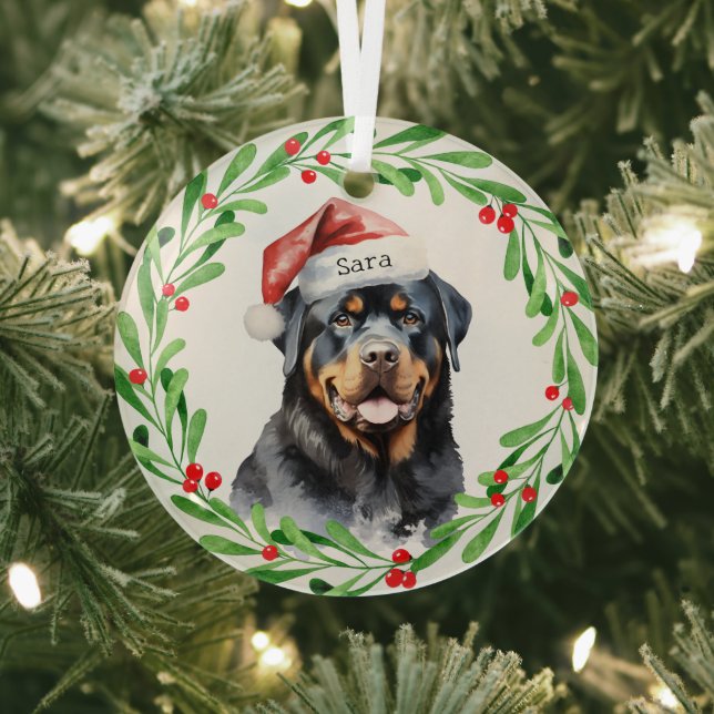 Rottweiler Christmas Personalized Monogram Name Glass Ornament (Insitu)
