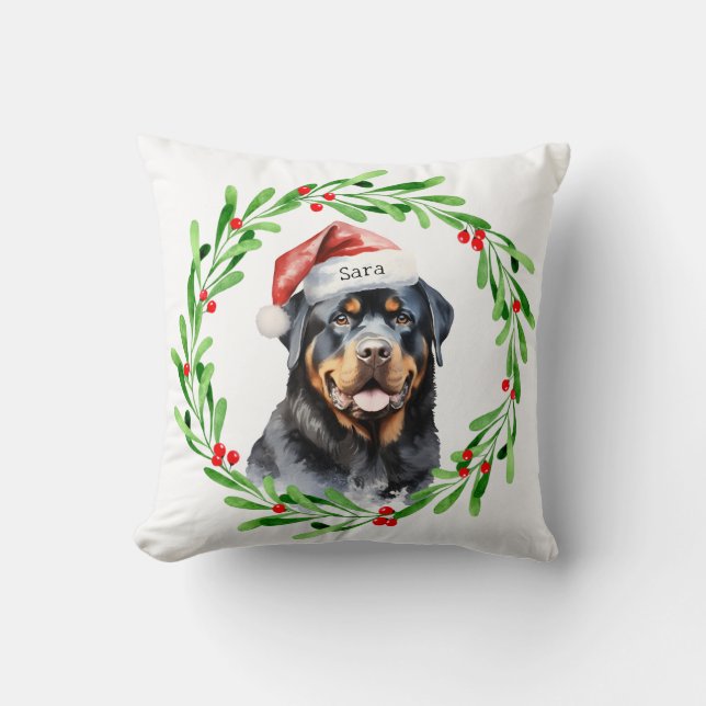 Rottweiler Christmas Personalized Monogram Name Throw Pillow (Front)