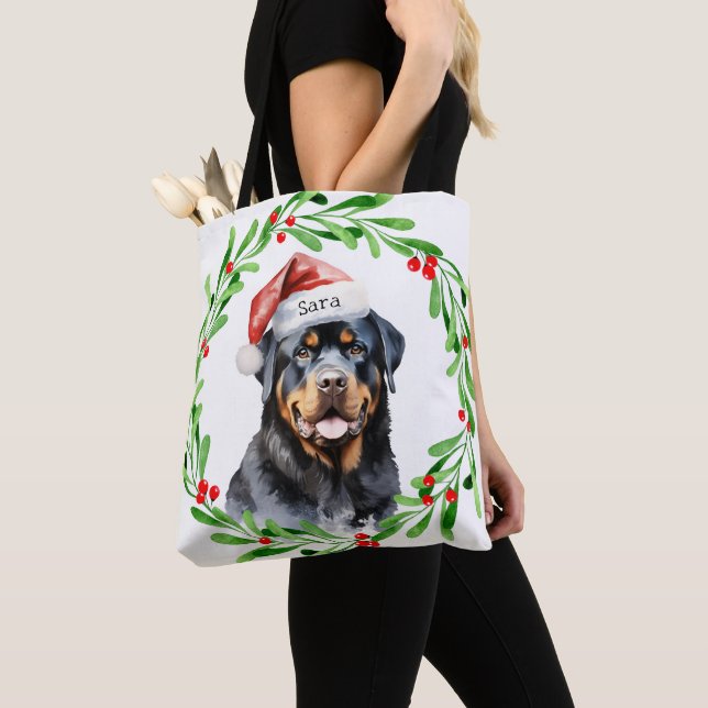 Rottweiler Christmas Personalized Monogram Name Tote Bag (Close Up)