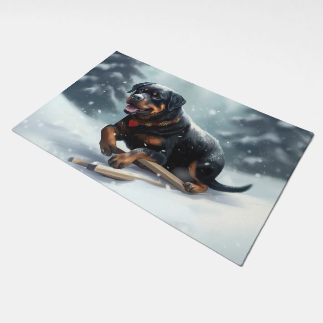 Rottweiler Christmas snow winter Throw Pillow Doormat (Angled)