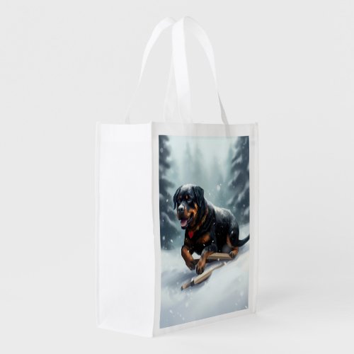 Rottweiler Christmas snow winter Throw Pillow Grocery Bag