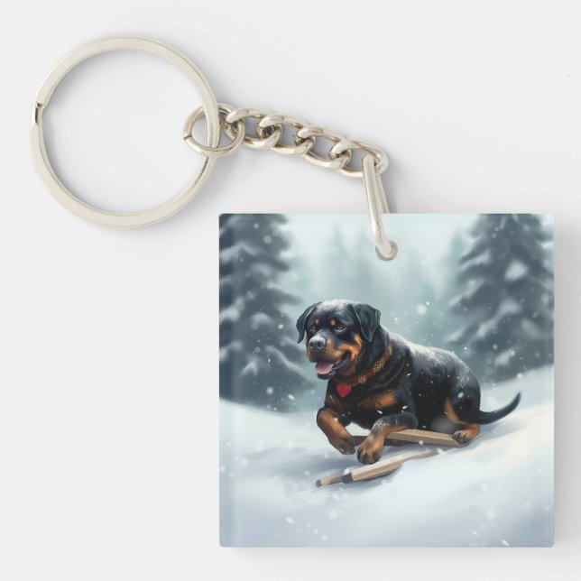Rottweiler Christmas snow winter Throw Pillow Keychain (Front)