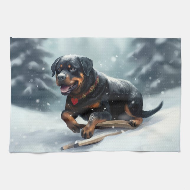 Rottweiler Christmas snow winter Throw Pillow Kitchen Towel (Horizontal)