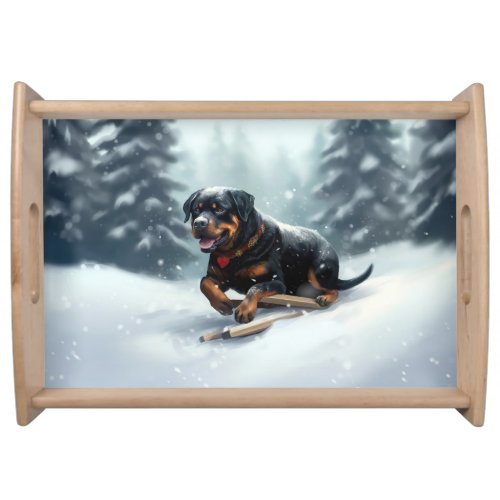 Rottweiler Christmas snow winter Throw Pillow Serving Tray