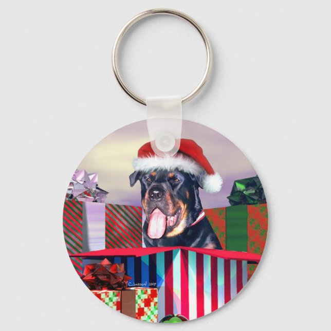Rottweiler Christmas Surprise Keychain (Front)