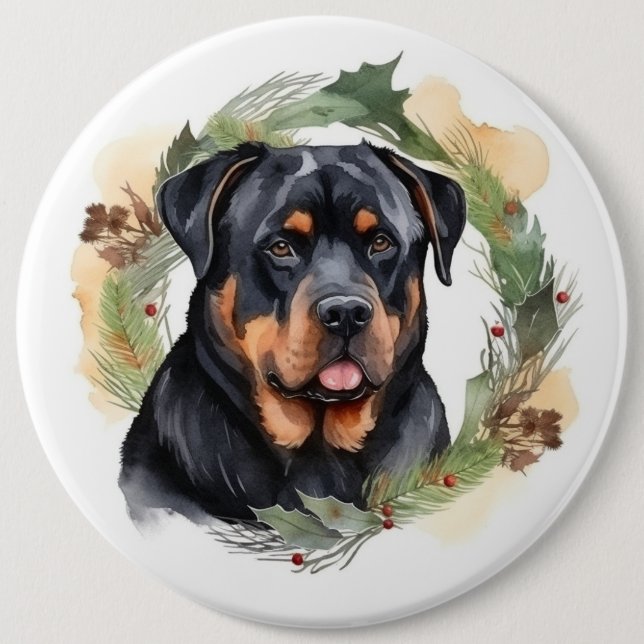 Rottweiler Christmas Wreath Festive Pup Button (Front)