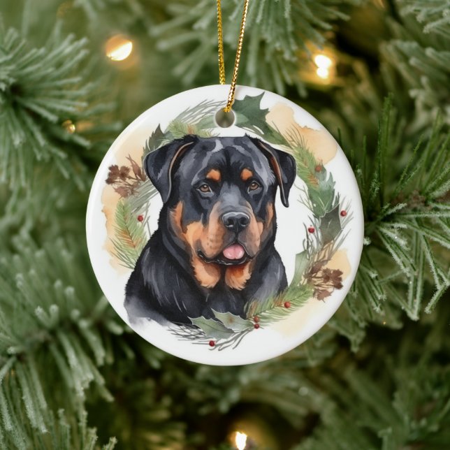 Rottweiler Christmas Wreath Festive Pup Ceramic Ornament (Tree)